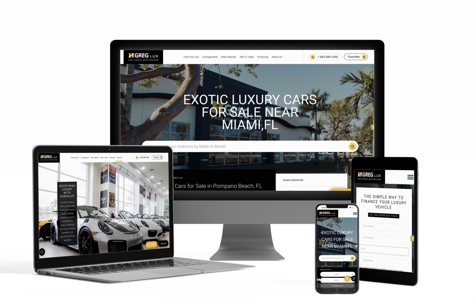 Computers and mobile devices showing luxury dealership client website.